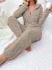 3D Ear Design Hooded Zipper Front Flannel Lounge Jumpsuit - Camel - View 4