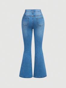 SHEIN Teen Girl Slant Pocket Flare Leg Jeans - Medium Wash - View 2