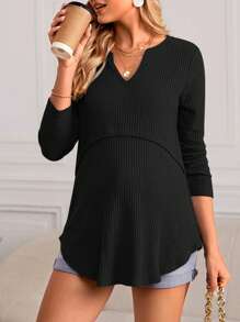 SHEIN 孕婦華夫格針織缺口領口弧形下擺T恤 - 黑色 - 查看 1