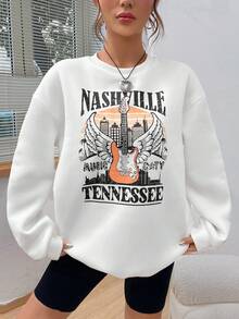 SHEIN Unity 吉他與字母圖案落肩套頭衫 - 白色 - 查看 4