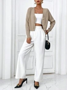 SHEIN Essnce Cárdigan con botones en la parte delantera y manga raglán - Albaricoque - Ver 3