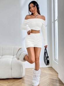 SHEIN EZwear 一字肩短款法蘭絨上衣和短褲 - 白色 - 查看 6