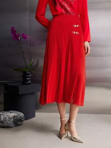 MOTF PREMIUM PLEATED FROG BUTTON SKIRT - Red - View 2