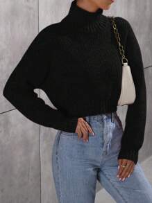 SHEIN Unity High Neck Drop Shoulder Sweater,Long Sleeve Tops Knit Pullover Fall Winter Sweater - Black - View 5