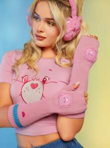 SHEIN X Care Bears Winter Warm Knitted Pink Long Gloves Sleeves Set - Pink - View 3