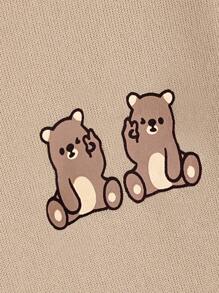 Muchica Capucha con estampado de oso con bolsillo de canguro con cordón - Albaricoque - Ver 3