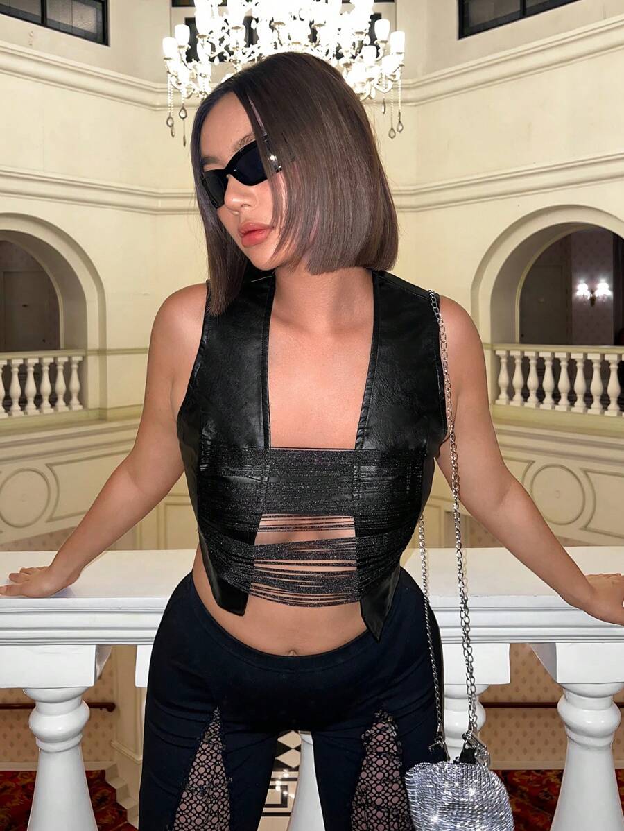 SHEIN ICON 純色 PU 皮革流蘇下擺背心