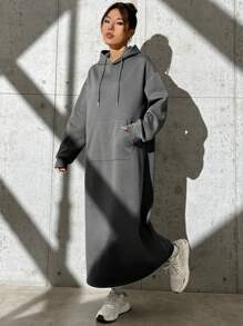SHEIN EZwear 秋冬款口袋落肩抽绳连帽连衣裙 - 深灰色 - 查看 3
