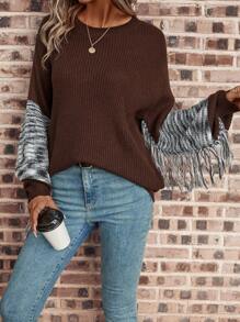 SHEIN LUNE Space Dye Fringe Trim Drop Shoulder Sweater - Multicolor - View 3