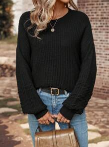 SHEIN LUNE 素色落肩袖套頭毛衣 - 黑色 - 查看 1