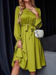 SHEIN Privé Lantern Sleeve Keyhole Back Belted Dress - Olive Green - View 1