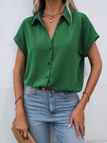 EMERY ROSE Camisa unicolor de manga murciélago con botón delantero - Verde - Ver 6