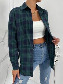 SHEIN Unity 格紋印花前紐扣襯衫 - 綠色 - 查看 3