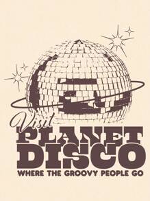 splusmart 艺术家复古街头加标语图案落肩 T 恤，适合夏季、棉质、假日、度假、节日 - 杏色 - 查看 2