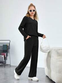 SHEIN Teen Girl Solid Tee & Pants - Black - View 4