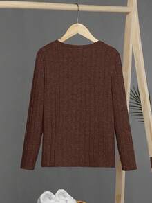 SHEIN Tween Boy Patch Decor Round Neck Long Sleeve Ribbed Casual Knit T-Shirt Fall Winter - Brown - View 2