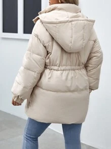 SHEIN Frenchy Plus Drop Shoulder Drawstring Waist Hooded Padded Coat - Apricot - View 2
