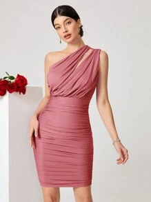 SHEIN Belle Vestido ajustado de un hombro con abertura fruncido - Rosa - Ver 1