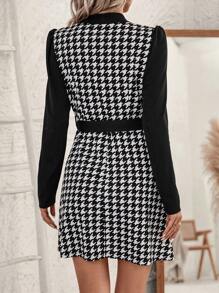 SHEIN Clasi Houndstooth Print Puff Sleeve Belted Dress - Black and White - View 2