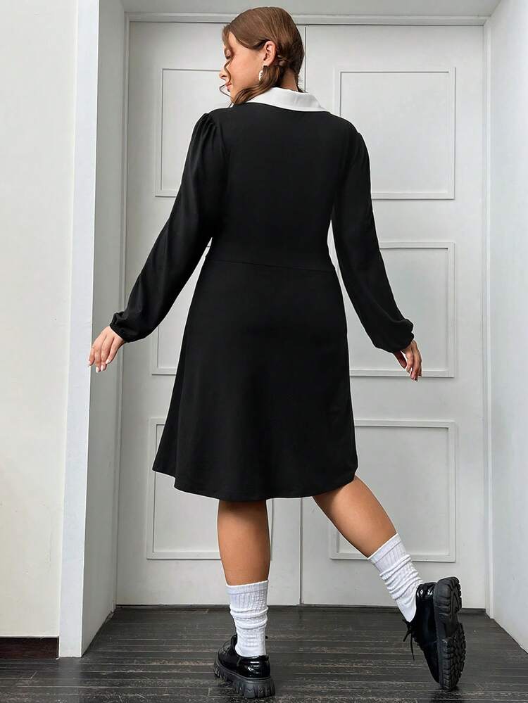 Plus Contrast Collar Lantern Sleeve Dress