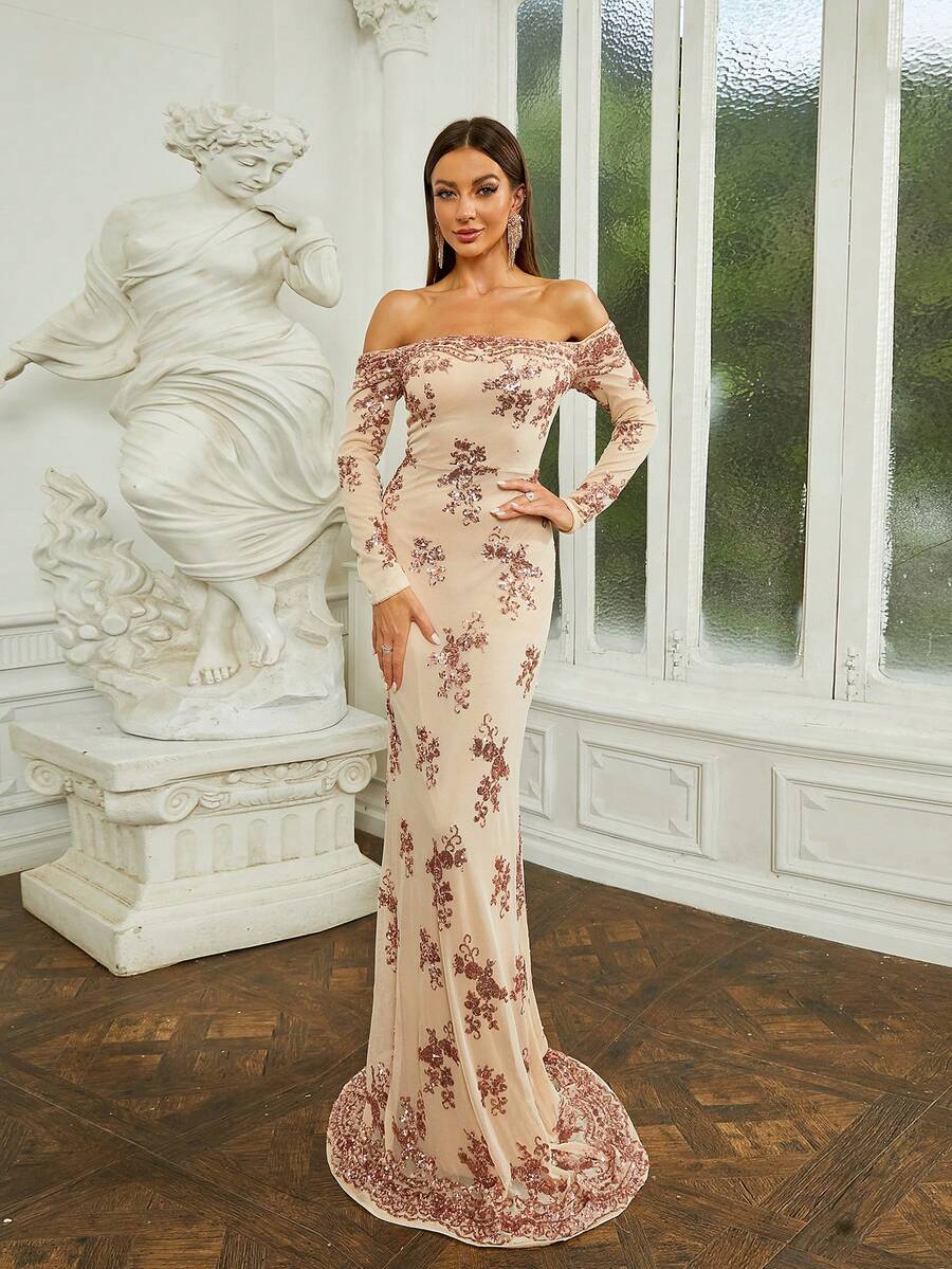 Missord Off Shoulder Sequin Mermaid Formal Dress - Khaki - View 1