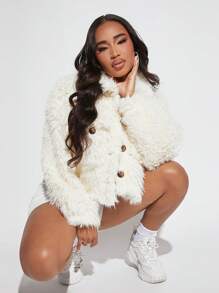 SHEIN SXY 素色前紐扣毛茸茸外套 - 白色 - 查看 1