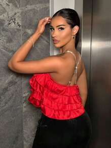 SHEIN SXY Top de tirantes con diseño de cadena ribete con fruncido de satén - Rosa Fucsia - Ver 3