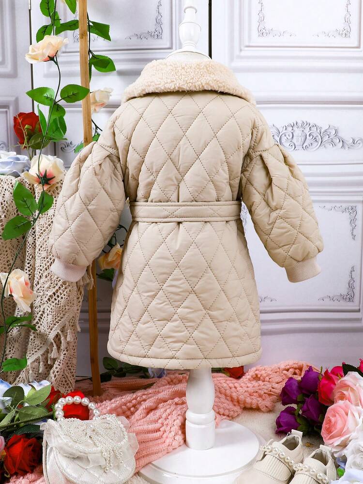 Baby Girl Solid Double Breasted Contrast Collar Belted Padded Coat
