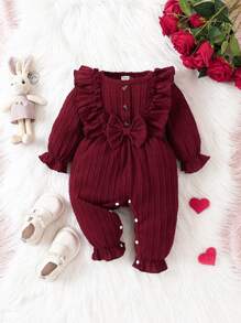 女嬰荷葉邊喇叭袖前蝴蝶結連身褲 - 酒紅色 - 查看 1
