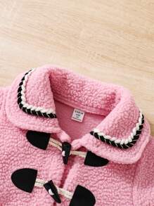 SHEIN 年輕女孩撞色飾邊粗呢泰迪熊外套和包 - 粉色 - 查看 4