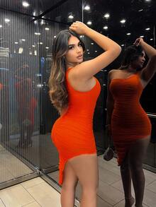 SHEIN SXY Orange Mesh Gathered Asymmetric One Shoulder Women's Dress - Burnt Orange - View 3