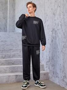 SHEIN Teen Boy Slogan Graphic Drop Shoulder Sweatshirt & Sweatpants - Black - View 3
