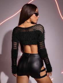 SHEIN ICON Hollow Out Fuzzy Crop Sweater - Black - View 2