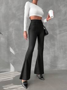 SHEIN Striped Print Flare Leg Pants - Black - View 1
