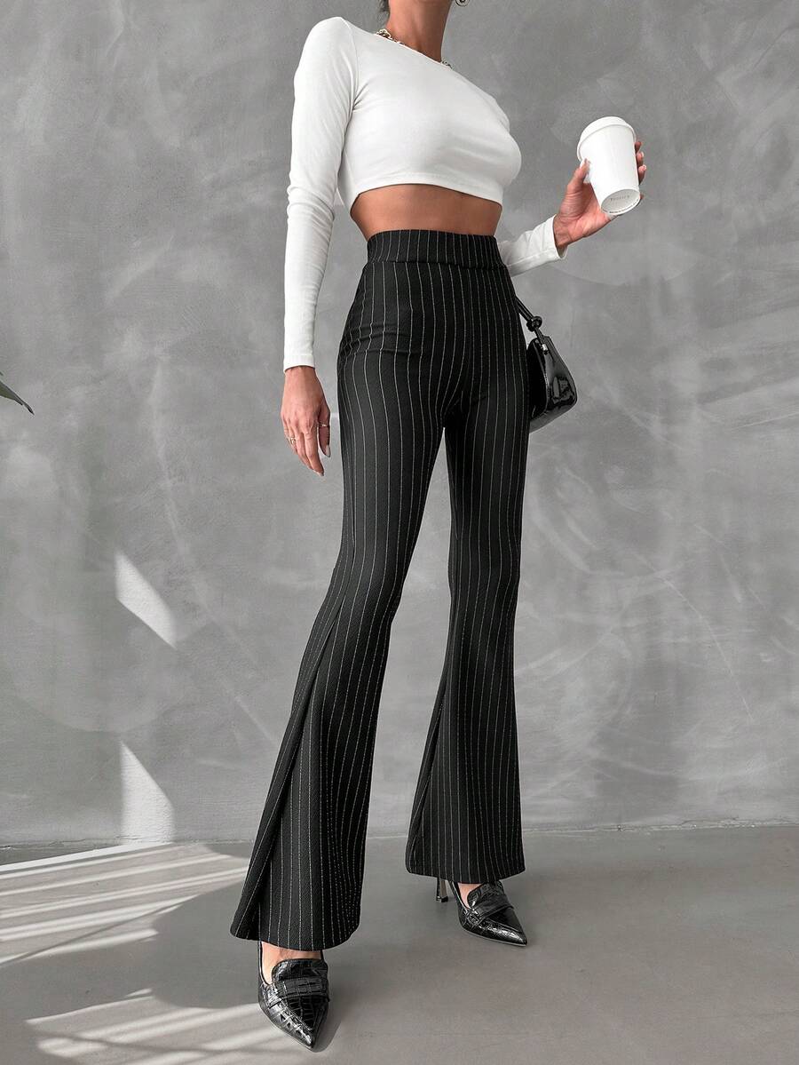 SHEIN Striped Print Flare Leg Pants - Black - View 1