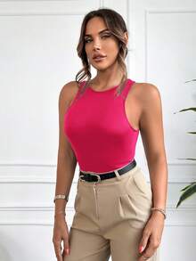 SHEIN Solid Tank Bodysuit - Hot Pink - View 4