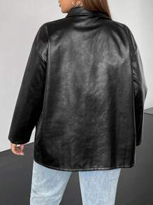 SHEIN EZwear 大碼拉鏈開襟落肩袖PU皮革外套 - 黑色 - 查看 2