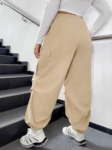 SHEIN EZwear Plus Letter Patched Detail Flap Pocket Side Cargo Pants - Khaki - View 2