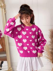 SHEIN 女大童愛心圖案燈籠袖套頭毛衣 - 玫紅色 - 查看 4