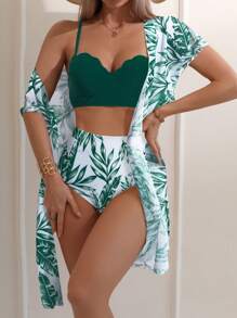 SHEIN Swim 夏季海灘熱帶印花推擠上衣比基尼套裝連和服外套 - 墨綠色 - 查看 1