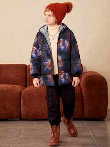 SHEIN Tween Boy 图案印花拉链连帽夹棉大衣 - 黑色 - 查看 5