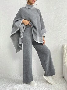 Turtleneck Batwing Sleeve Sweater & Knit Pants - Grey - View 6