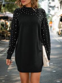 Chiquease 珍珠珠飾落肩毛衣洋裝 - 黑色 - 查看 5