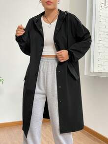 SHEIN EZwear Drop Shoulder Drawstring Hooded Button Front Drawstring Hooded Longline Coat - Black - View 5
