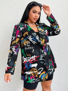 SHEIN EZwear Plus Graffiti Print Single Button Blazer - Multicolor - View 4