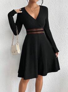 SHEIN Frenchy Guipure Lace Insert Surplice Neck Dress Winter Black - Black - View 4