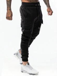 ROMWE MEN Street Life 男式闪电印花抽绳腰部翻盖口袋侧运动裤，学校