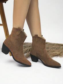 女款時尚短版西部尖頭棕色麂皮高跟靴粗跟 - 棕色 - 查看 1