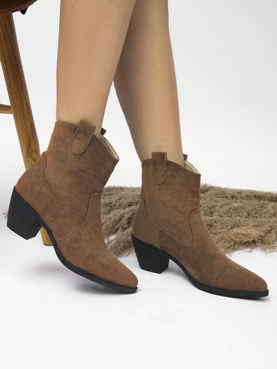 女款時尚短版西部尖頭棕色麂皮高跟靴粗跟 - 棕色 - 查看 1