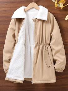 SHEIN Cô gái Tween Dây kéo Lót Teddy áo - Màu Khaki - Xem 1